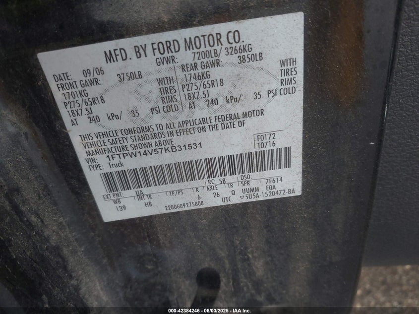2007 FORD F150 VIN: 1FTPW14V57KB31531
