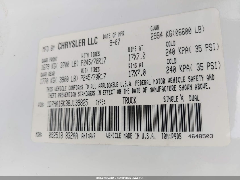 2008 Dodge Ram 1500 St/Sxt VIN: 1D7HA16K38J139825 Lot: 42384281