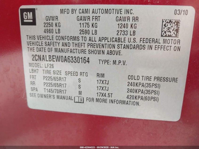 2010 CHEVROLET EQUINOX VIN: 2CNALBEW0A6330164