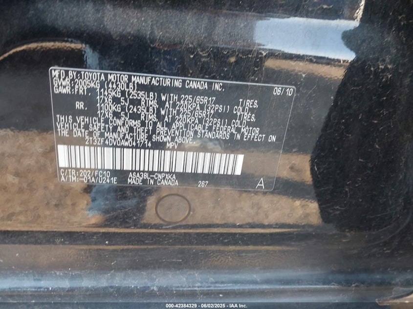 2010 TOYOTA RAV4 VIN: 2T3ZF4DV0AW041714