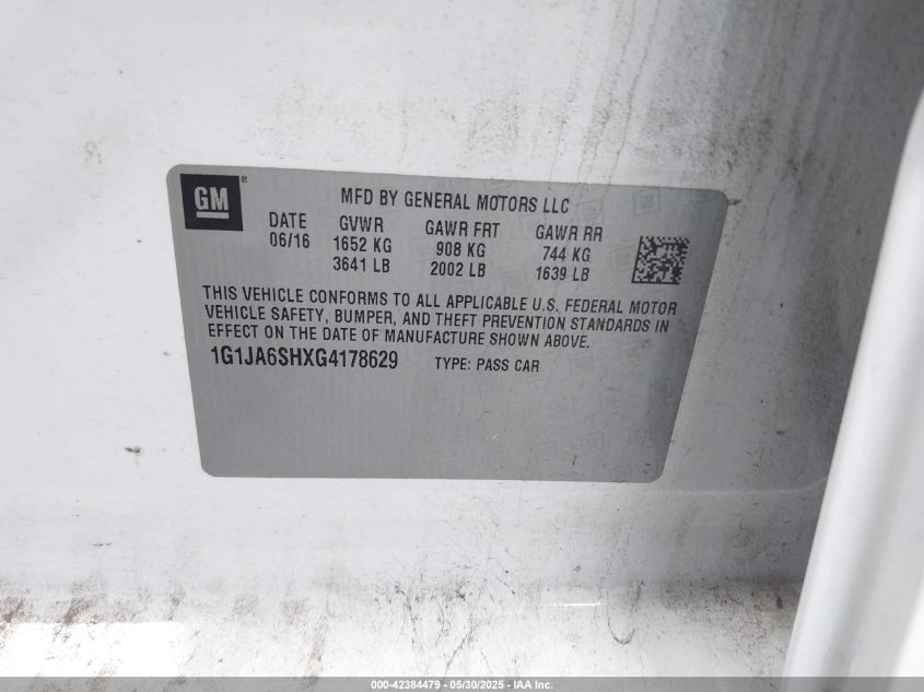 2016 Chevrolet Sonic Ls Auto VIN: 1G1JA6SHXG4178629 Lot: 42384479