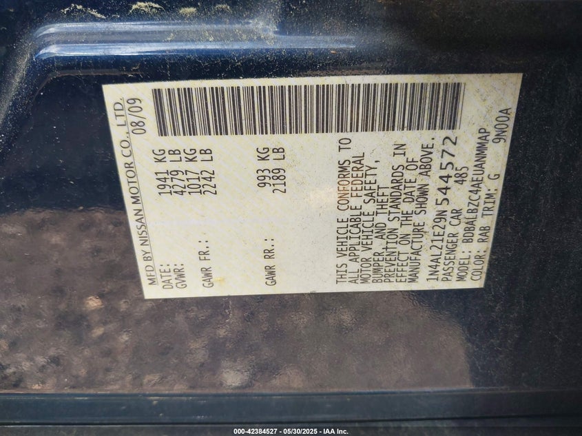 2009 NISSAN ALTIMA VIN: 1N4AL21E29N544572