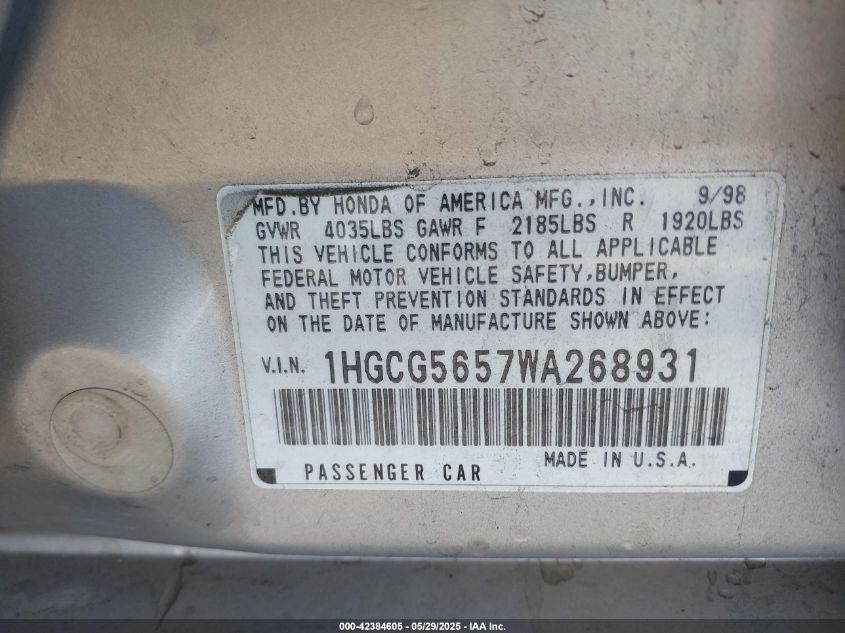 1998 Honda Accord Ex VIN: 1HGCG5657WA268931 Lot: 42384605