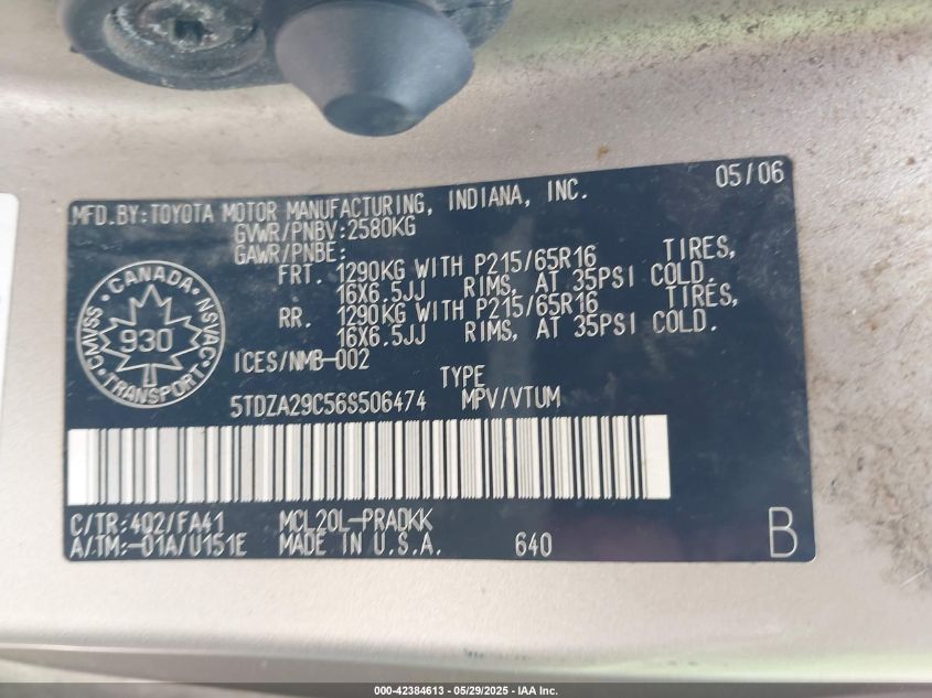 2006 Toyota Sienna VIN: 5TDZA29C56S506474 Lot: 42384613