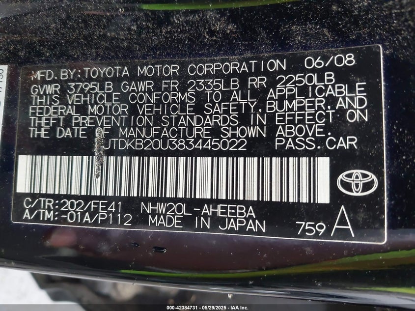 2008 TOYOTA PRIUS VIN: JTDKB20U383445022