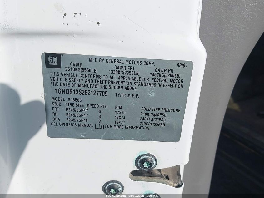 2008 Chevrolet Trailblazer Fleet VIN: 1GNDS13S282127709 Lot: 42384758