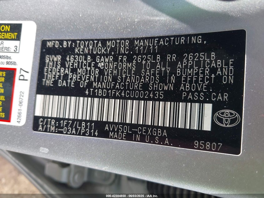 2012 TOYOTA CAMRY HYBRID VIN: 4T1BD1FK4CU002435