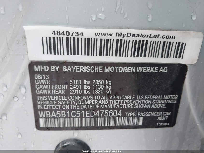 2014 BMW 535 VIN: WBA5B1C51ED475604