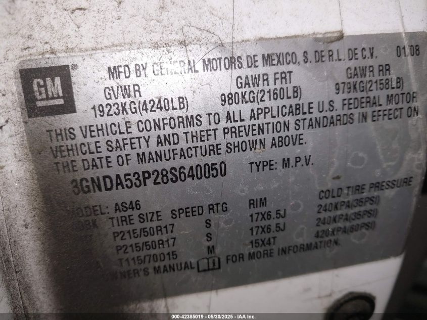 2008 Chevrolet Hhr Lt VIN: 3GNDA53P28S640050 Lot: 42385019