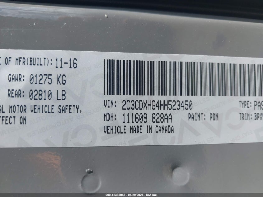 2017 Dodge Charger Sxt Rwd VIN: 2C3CDXHG4HH523450 Lot: 42385047