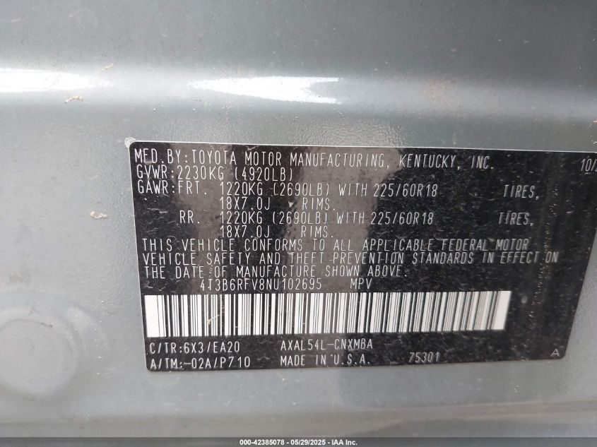 2022 Toyota Rav4 Xle Premium VIN: 4T3B6RFV8NU10269 Lot: 42385078