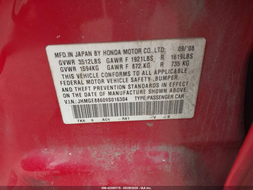2009 HONDA FIT VIN: JHMGE88609S016304