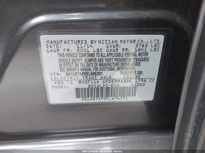 2014 NISSAN SENTRA VIN: 3N1AB7AP0EL696391