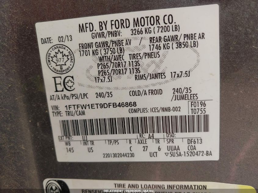 2013 Ford F-150 Fx4 VIN: 1FTFW1ET0DFA03730 Lot: 42385341