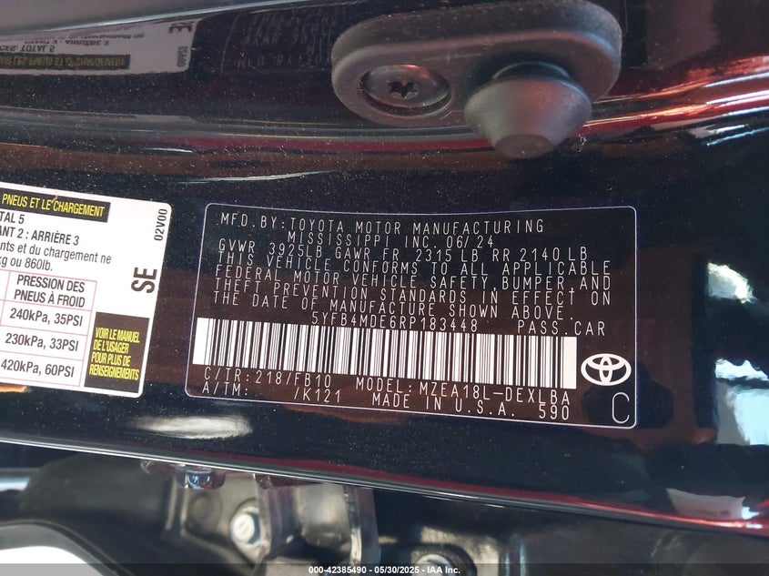 2024 TOYOTA COROLLA VIN: 5YFB4MDE6RP183448