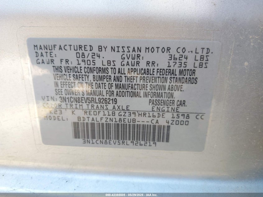 2024 NISSAN VERSA VIN: 3N1CN8EV5RL926219