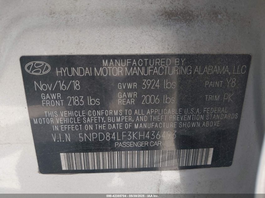 2019 Hyundai Elantra Sel VIN: 5NPD84LF3KH436493 Lot: 42385704