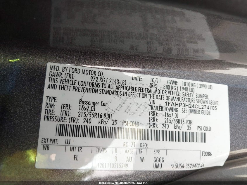2012 FORD FOCUS VIN: 1FAHP3H24CL274705