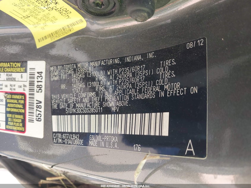 2013 Toyota Sienna Xle V6 8 Passenger VIN: 5TDYK3DC5DS285011 Lot: 42385888