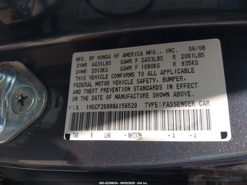 2008 HONDA ACCORD VIN: 1HGCP26898A156529