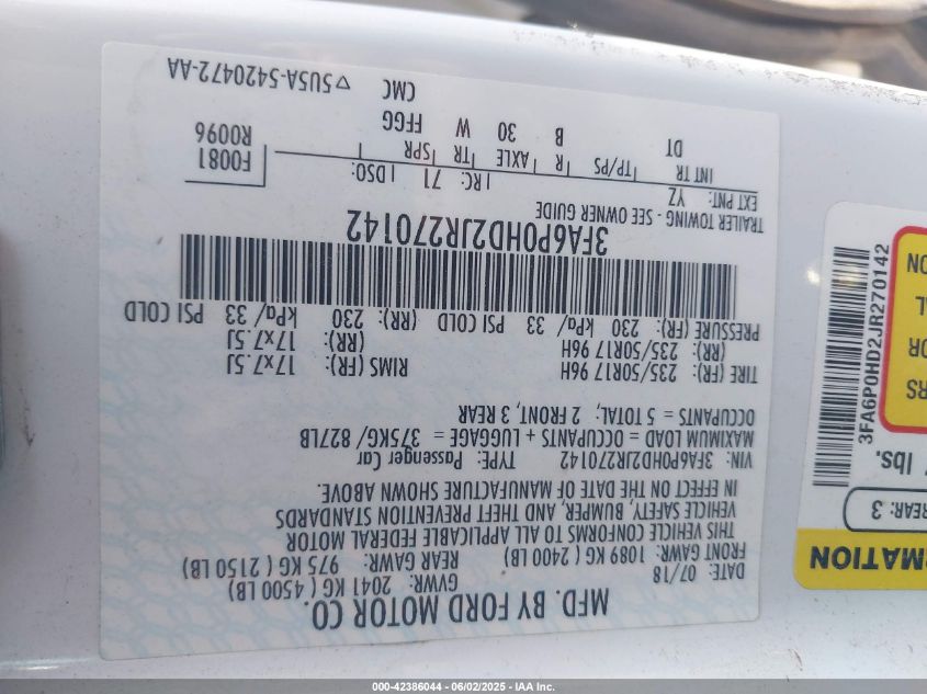 2018 Ford Fusion Se VIN: 3FA6P0HD2JR270142 Lot: 42386044