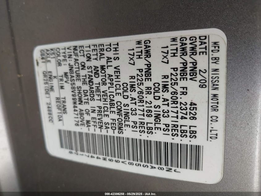 2009 Nissan Rogue Sl VIN: JN8AS58V99W447176 Lot: 42386258