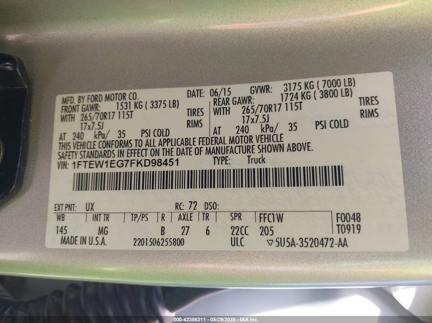 2015 FORD F-150 VIN: 1FTEW1EG7FKD98451
