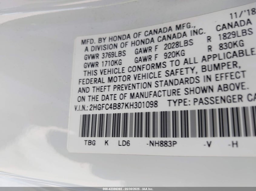 VIN 2HGFC4B87KH301098 2019 HONDA CIVIC SPORT