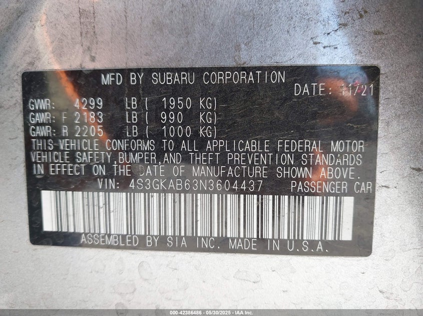 2022 SUBARU IMPREZA(VIN: 4S3GKAB63N3604437