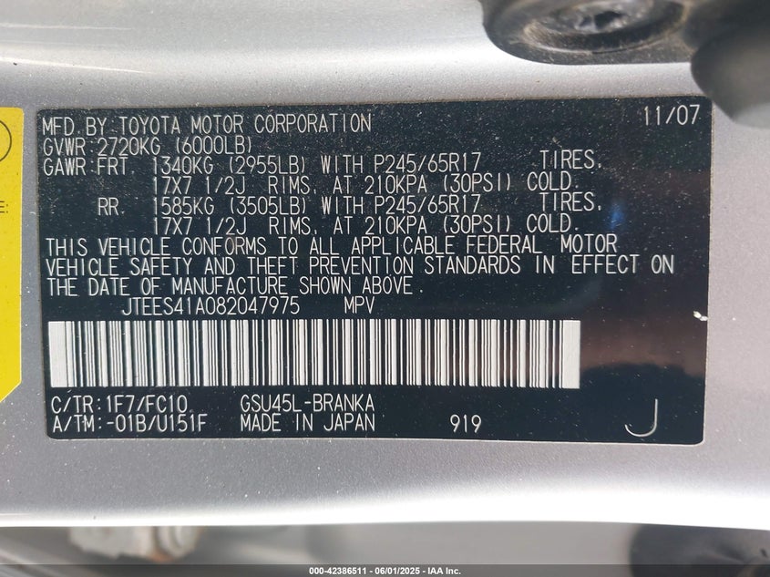 2008 TOYOTA HIGHLANDER VIN: JTEES41A082047975