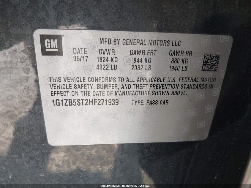2017 CHEVROLET MALIBU VIN: 1G1ZB5ST2HF271939