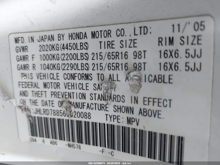 2006 HONDA CR-V VIN: JHLRD78856C020088