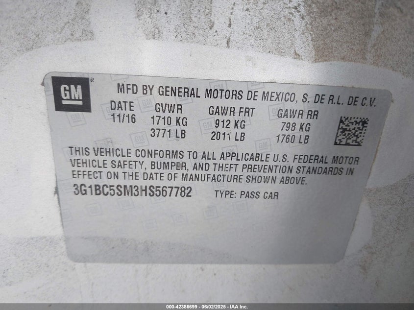 2017 CHEVROLET CRUZE VIN: 3G1BC5SM3HS567782