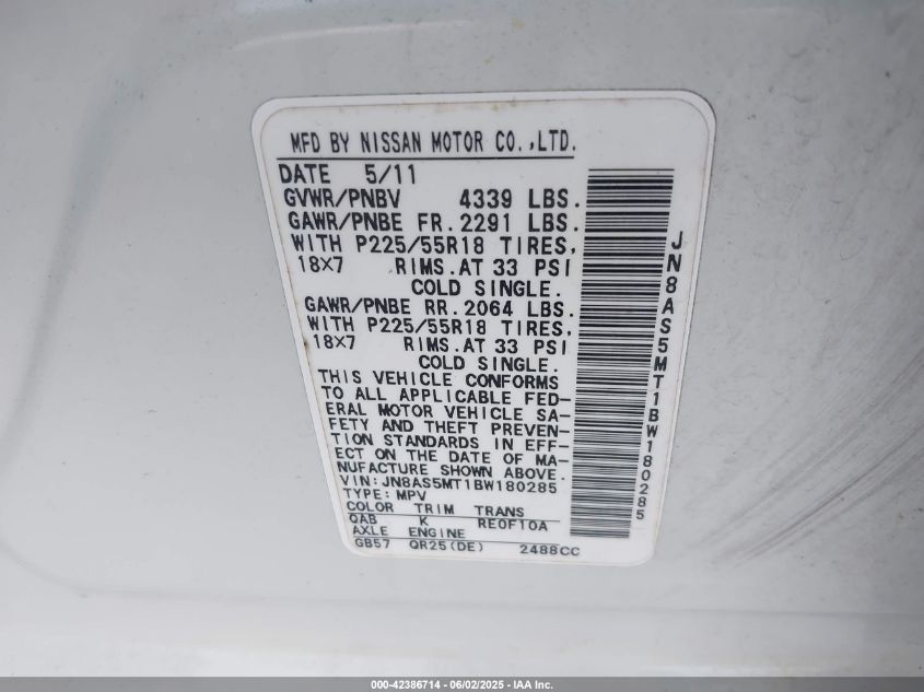 2011 Nissan Rogue S/Sv/Krom VIN: JN8AS5MT1BW180285 Lot: 42386714