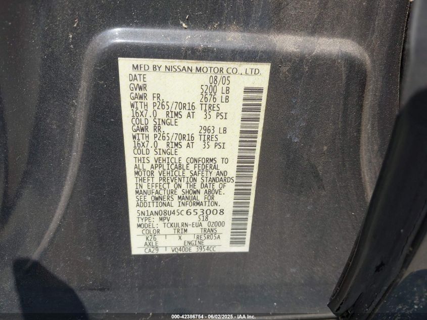 2005 Nissan Xterra S VIN: 5N1AN08U05C653008 Lot: 42386754