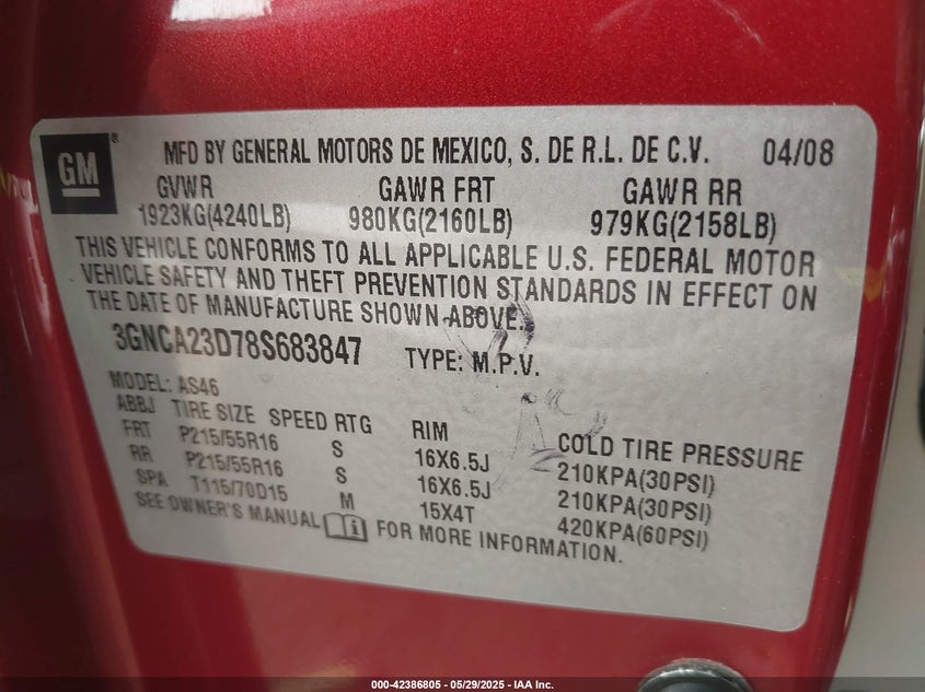 2008 CHEVROLET HHR VIN: 3GNCA23D78S683847