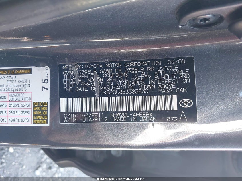 2008 TOYOTA PRIUS VIN: JTDKB20U883383830
