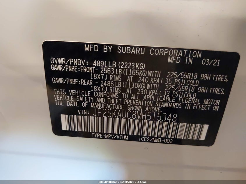 2021 SUBARU FORESTER LIMITED - JF2SKAUC8MH515348