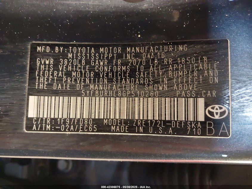 2016 TOYOTA COROLLA S PLUS - 5YFBURHE8GP510260