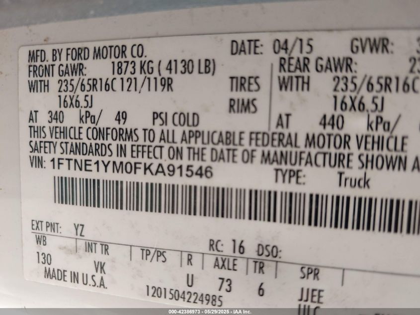 2015 Ford Transit-150 VIN: 1FTNE1YM0FKA91546 Lot: 42386973