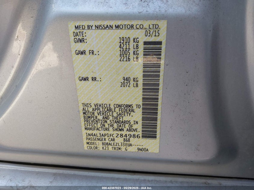 2015 NISSAN ALTIMA VIN: 1N4AL3AP1FC284986