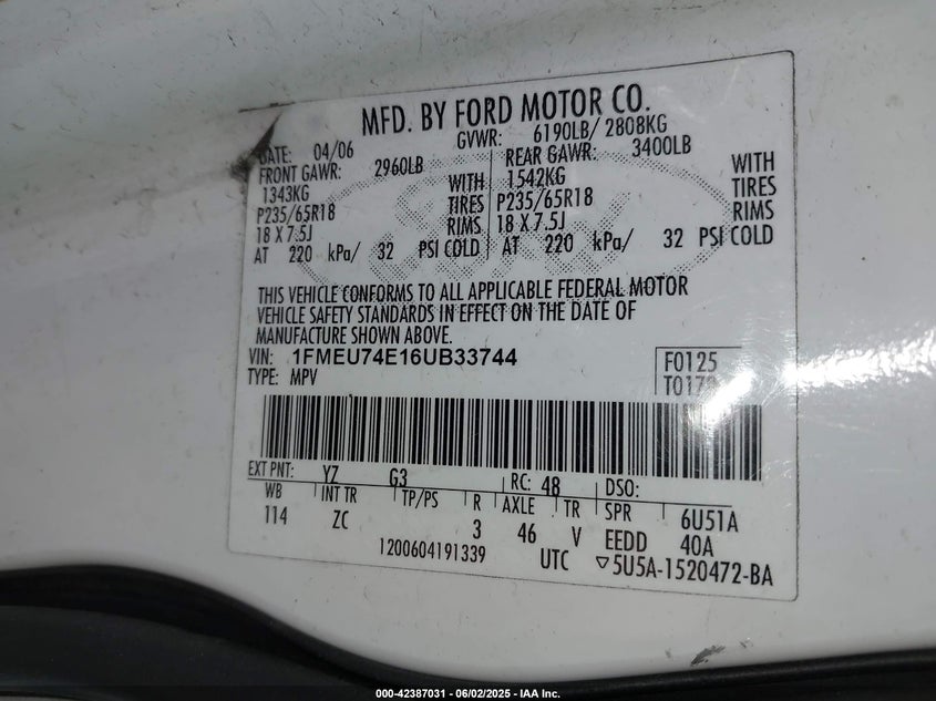 2006 FORD EXPLORER VIN: 1FMEU74E16UB33744