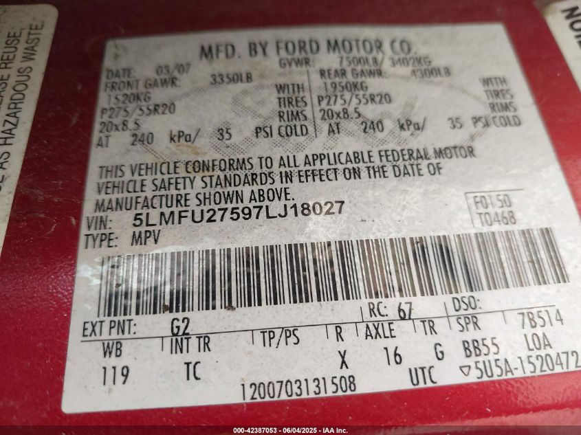 2007 Lincoln Navigator Ultimate VIN: 5LMFU27597LJ18027 Lot: 42387053