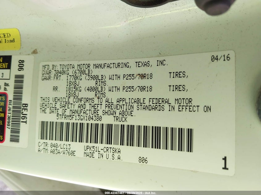 2016 TOYOTA TUNDRA SR 4.6L V8 - 5TFRM5F13GX104380