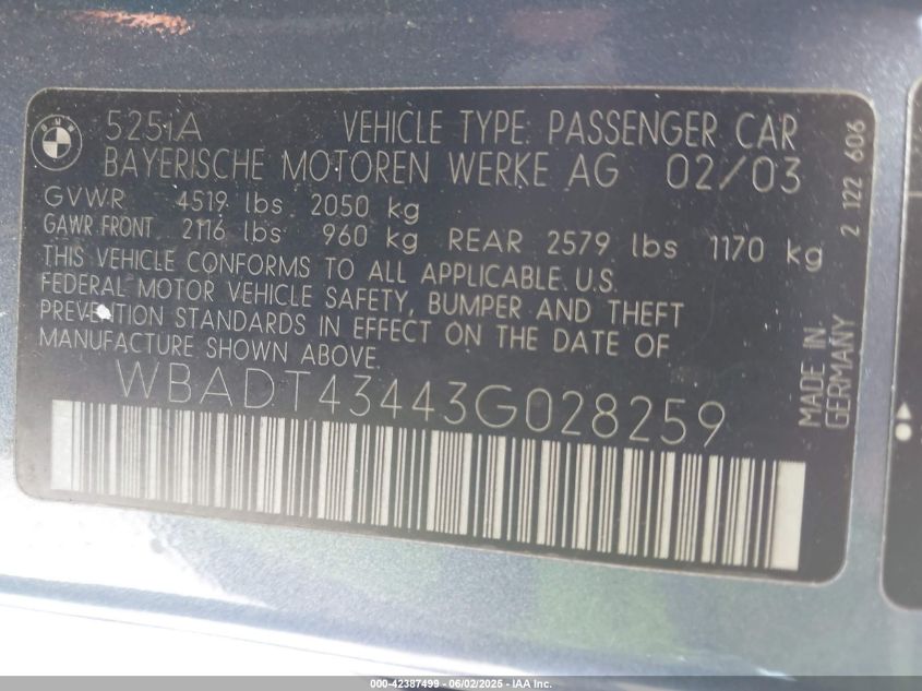 2003 BMW 525Ia VIN: WBADT43443G028259 Lot: 42387499