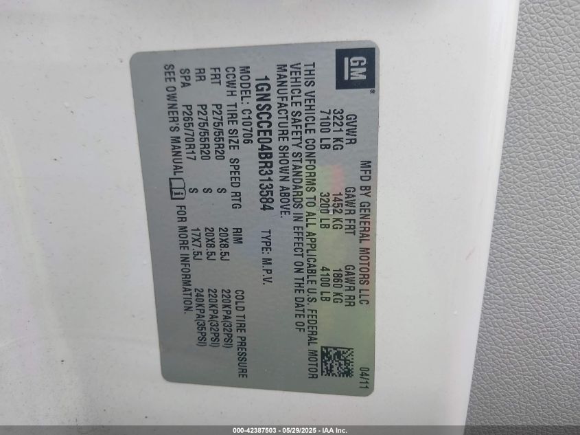 2011 Chevrolet Tahoe Ltz VIN: 1GNSCCE04BR313584 Lot: 42387503