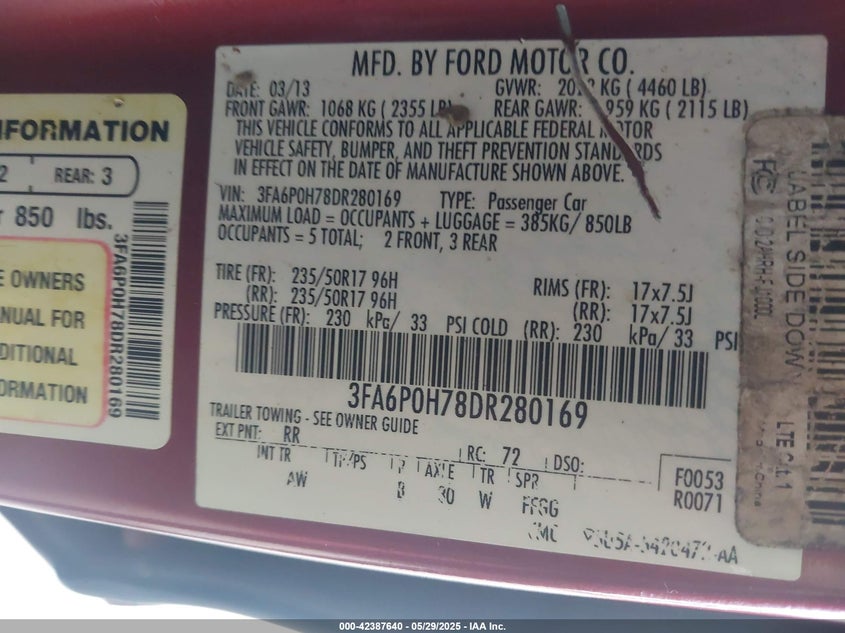 2013 FORD FUSION VIN: 3FA6P0H78DR280169
