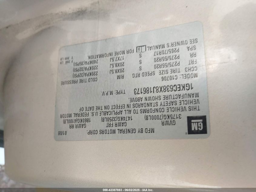 2008 GMC Yukon Denali VIN: 1GKEC638X8J186173 Lot: 42387883