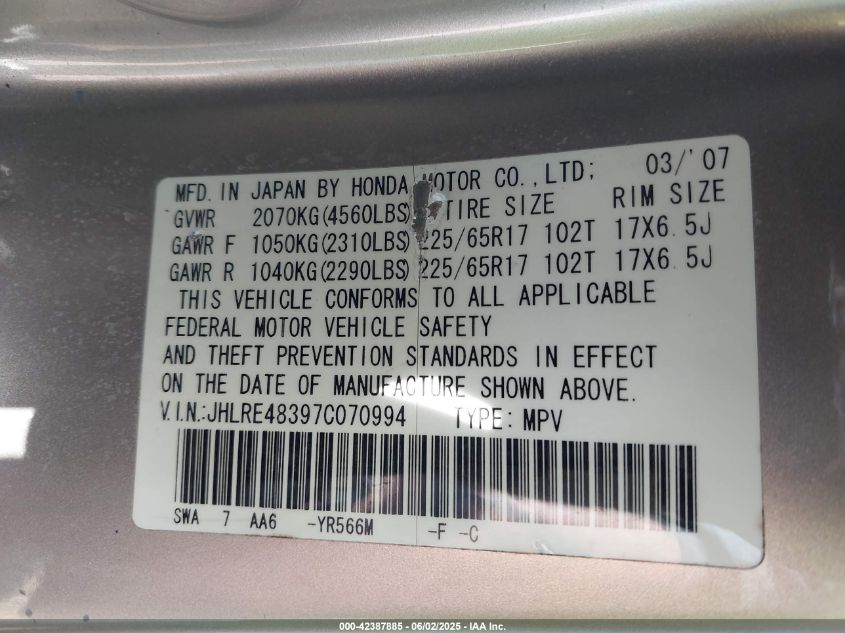 2007 Honda Cr-V Lx VIN: JHLRE48397C078994 Lot: 42387885