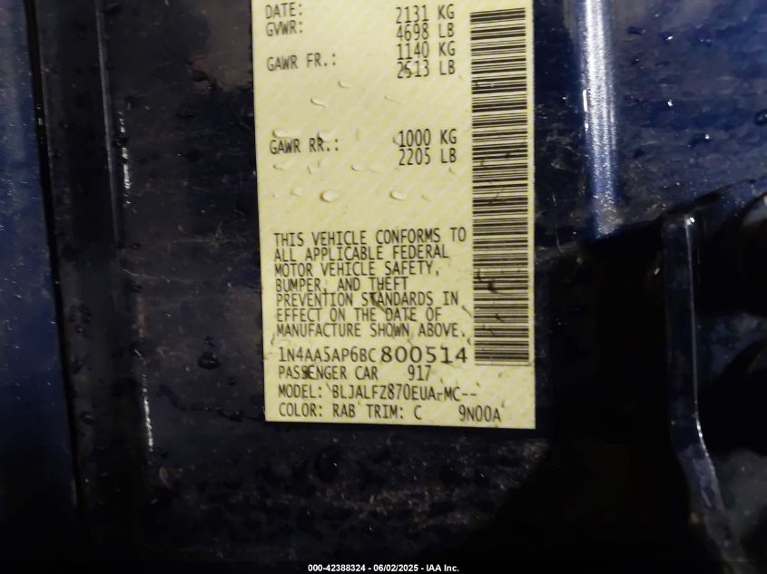 2011 Nissan Maxima 3.5 Sv VIN: 1N4AA5AP6BC800514 Lot: 42388324